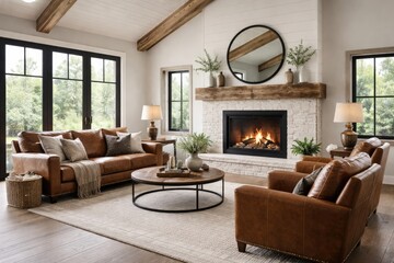 Obraz premium Spacious modern farmhouse lounge with leather armchairs and sofa beside a gas fireplace with natural wood mantel
