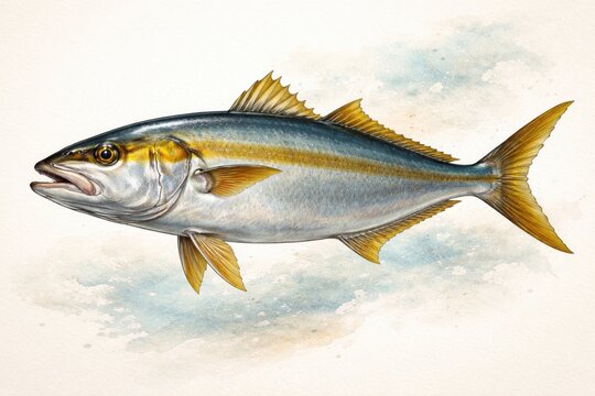 Detailed illustration of a Mediterranean amberjack fish with vivid fins and natural colors