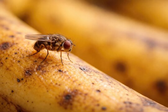 Close up photograph of a fruit fly perched on ripe banana with copy space for text