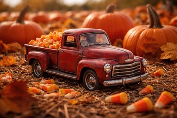 Naklejka premium Close up of toy pickup truck playing in autumn pumpkin patch with candy corn on farm
