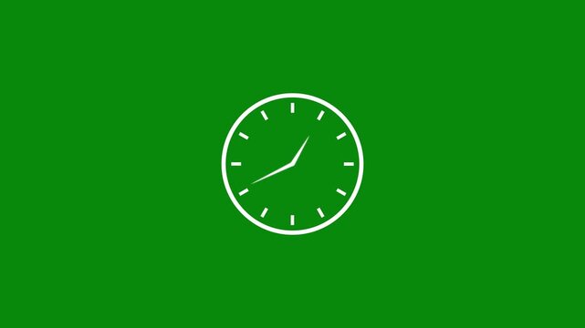 Analog clock 24 hour day fast speed round clock with rotating animation on green background. Twelve hours clock run time arrows animation.