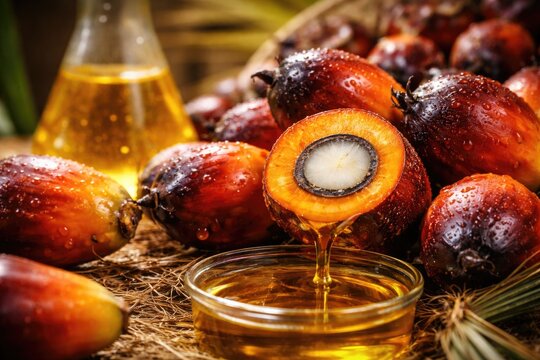 Macro photograph of mature palm fruit showing application in palm oil industry and sustainable fuel