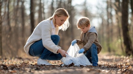 Fototapeta premium Parent and child collecting litter in forest, illustrating environmental education, community care, and sustainable family values