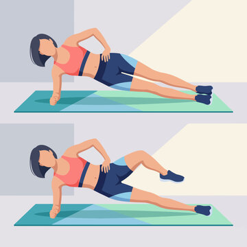 This image illustrates a woman performing a side plank exercise on a mat, highlighting fitness, strength, posture, and core stability through dynamic body movement.