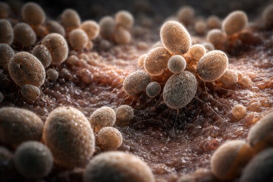 Close up of candida auris fungal cells multiplying on a biological surface