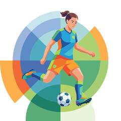 Obraz premium An energetic depiction of a female soccer player skillfully kicking a soccer ball, representing athleticism, empowerment, and the spirit of sports in a modern design approach.