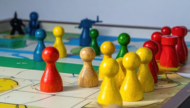 Assortment of uniquely shaped wooden game pieces representing different factions on a board game setup