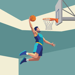 An energetic depiction of a male athlete executing a slam dunk during a basketball game, capturing the spirit of sportsmanship, athleticism, and the thrill of competition. © Dachuan