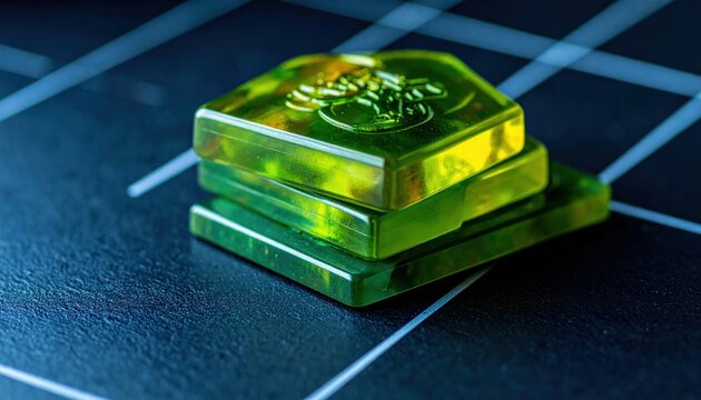 Stack of unique green acrylic tokens with embossed faction insignias resting on a textured surface