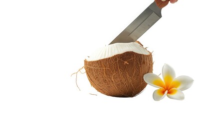 Fototapeta premium Fresh coconut being cut with a knife next to a plumeria flower on white background
