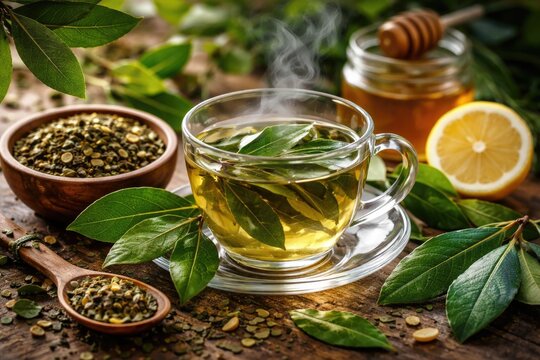 Organic green tea blend with fresh bay laurel leaves promoting immunity and wellness
