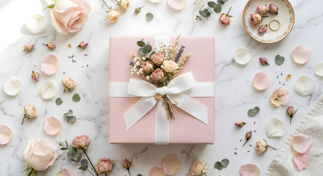 A beautifully wrapped gift box adorned with roses and delicate petals