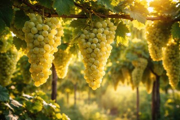 Fototapeta premium Lush white grape clusters ripening in vineyard garden with warm sunshine