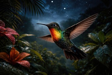 Fototapeta premium Swift flight of a fiery throated hummingbird amid lush tropical bushes under night sky