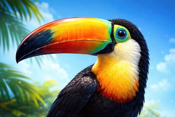 Obraz premium Brightly colored toucan illustration featuring a large beak on a smooth blue backdrop