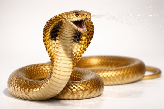 Golden spitting cobra snake displayed on clean white surface