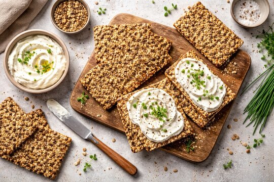 Flat lay of crunchy gluten free seed crispbread paired with rich cream cheese