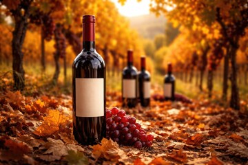 Fototapeta premium A warm autumn scene featuring a red wine bottle on fallen leaves with a softly blurred vineyard background and multiple wine bottles nearby