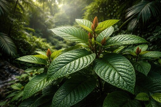 Healthy kratom leaves growing in wild tropical nature setting