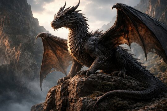 Mythical dragon calmly perched atop craggy rock ledge