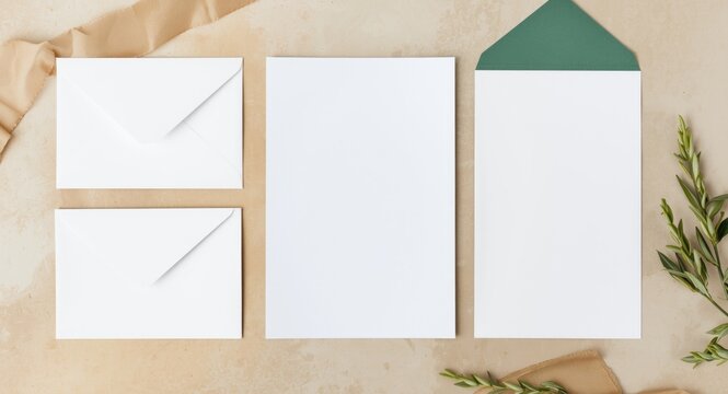 Flat lay of blank stationery and envelopes for wedding and business menu concept