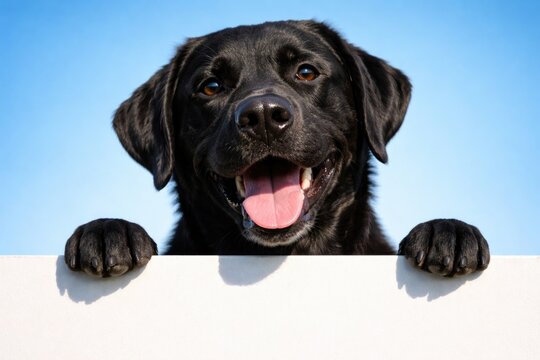 Cheerful black Labrador dog glimpsing over empty sign with bright blue background
