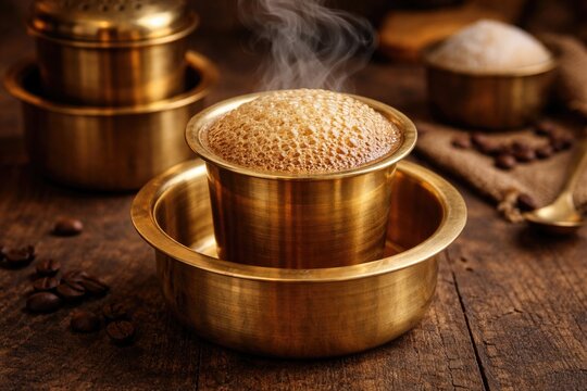 Classic brass vessel serving hot South Indian filter coffee