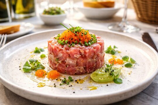 Modern cuisine presentation of tuna tartare with chives and masago at an Italian lunch