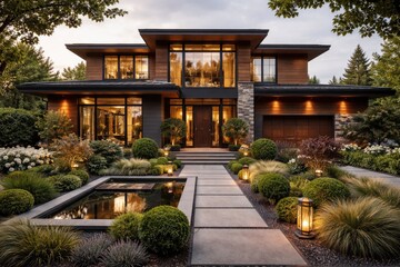 Fototapeta premium Stylish house exterior showcasing wood elements and decorative garden