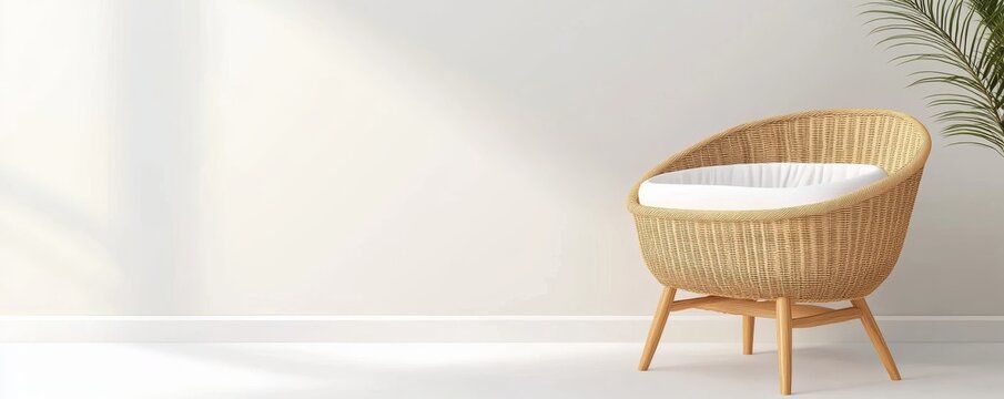 Bright, minimalist nursery scene a stylish wicker bassinet with white cushion on wooden legs against a serene cream wall, ideal for baby room interior mockup. Nursery, Bassinet