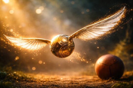 Golden snitch flying with radiant wings in a magical setting featuring copy space