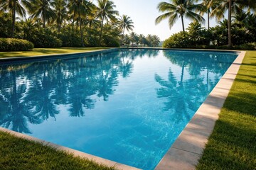 Obraz premium Calm swimming pool scene with striking blue water reflecting palm trees with grassy edges