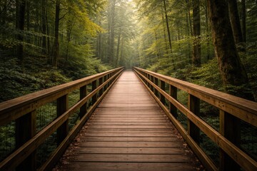 Obraz premium Extended wooden footbridge crossing lush woodland with copy space