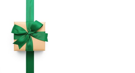 Fototapeta premium White background emphasizing a gift box decorated with a wide green ribbon and bow