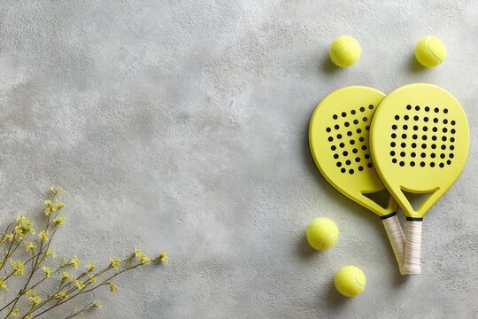 Bright Yellow Padel Tennis Equipment with Balls on Gray Background - Sport and Recreation Concept