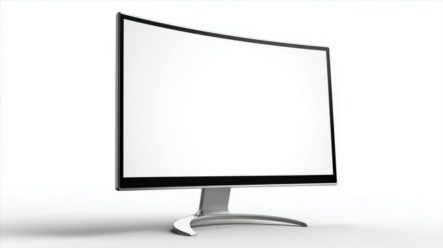 A contemporary curved desktop computer monitor with a blank white screen is elegantly angled on a white background.