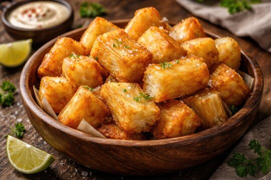 Freshly cooked deep-fried yuca chunks presented in a wooden bowl