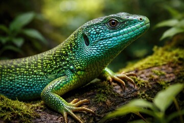 Fototapeta premium detailed close-up of a bright turquoise and emerald lizard in natural habitat
