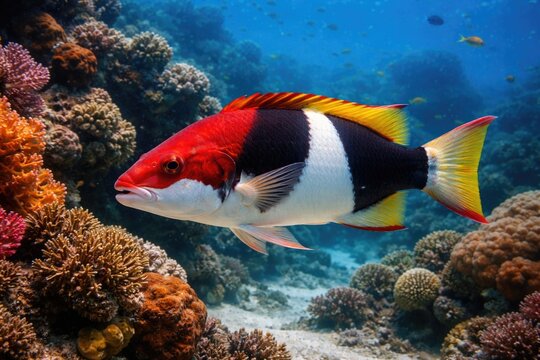 Blackbelt hogfish swimming actively near ocean floor coral formations