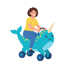 A joyful child rides a playful narwhal toy, exemplifying the innocence of childhood, playful imagination, and whimsical exploration in a bright, fun atmosphere. © Zihang
