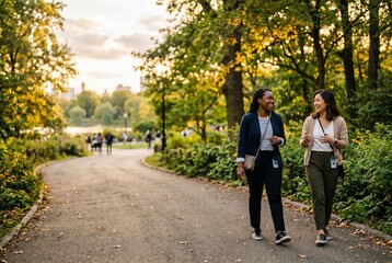 Obraz premium Diverse female colleagues walking and talking in a city park during autumn sunset