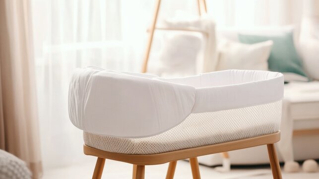Close-up Modern white baby bassinet with mesh sides and wooden frame in a bright, serene nursery. Minimalist design for safe, comfortable newborn sleep. Bassinet, Nursery