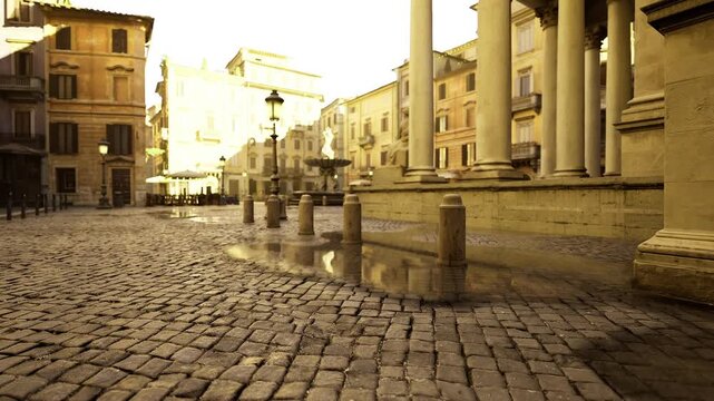 sunlight pouring along colonnade and cobblestones with rhythmic columns and deep perspective, architectural study perfect for editorial and design uses