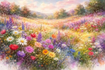 Obraz premium Expansive floral meadow scene decorated with colorful paint effects ideal for card background