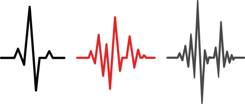 Heartbeat and Waveform Icon Set with Different Styles in Black, Red, and Gray in Vector Style