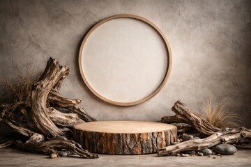Fototapeta premium Natural wood podium featuring decorative driftwood and empty circular frame on textured gray beige background ideal for artistic displays