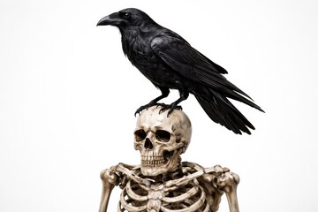 Obraz premium Dark raven perched on a detailed skeleton against a plain white backdrop