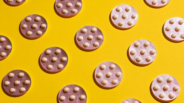 Several birth control patches arranged neatly on a yellow surface, viewed from above. Room is left for additional writing.