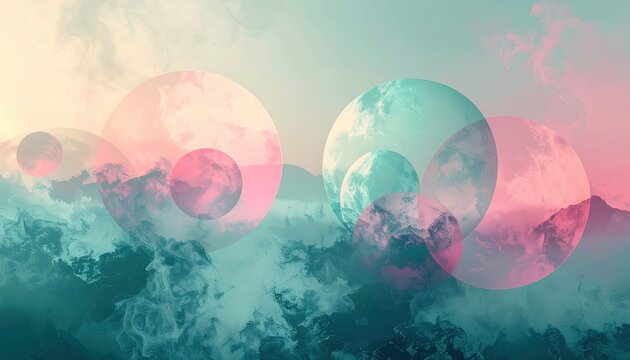 Conceptual representation of quantum superposition with overlapping translucent spheres and swirling cosmic nebulae