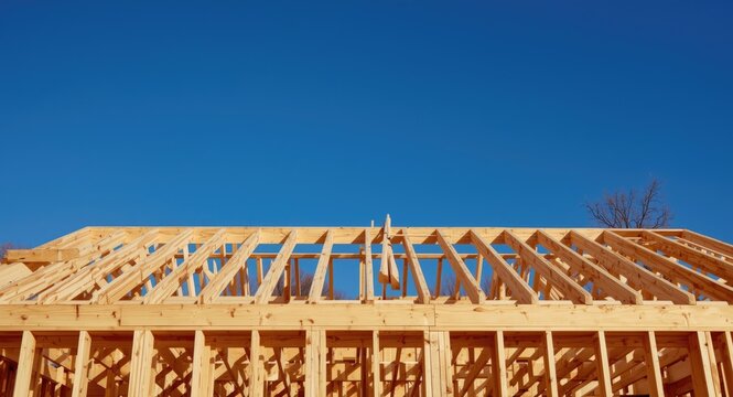Timber roof joists placement on a new house frame under a deep blue sky